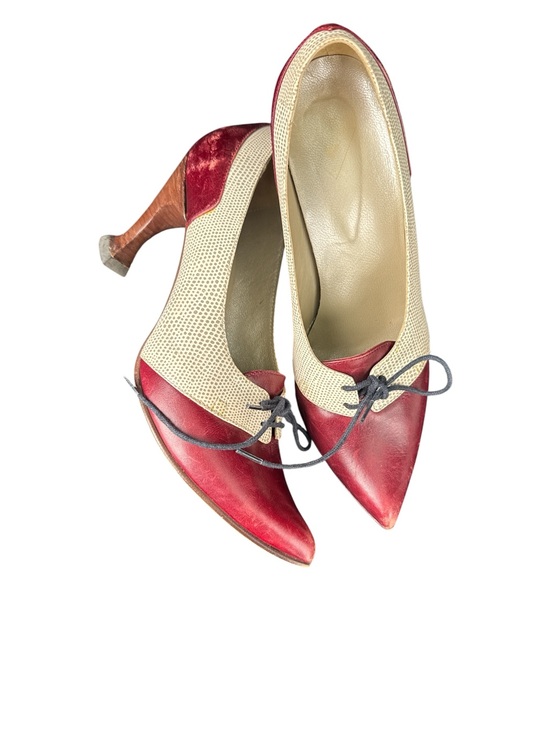 John Fluevog Shoes - John Fluevog Sumatra Coffee Burgundy Off White Pumps Laces Pointed Shoes size 8